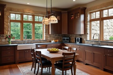 Stone House Kitchen Interior with Dining Table and Cooking Cabinet by Window