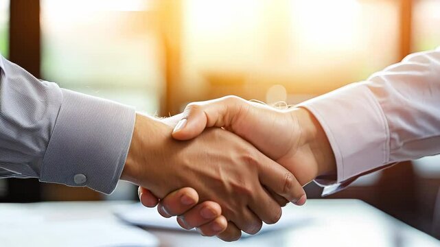 Two businesspeople shaking hands in an office environment with sunlight in the background, symbolizing partnership, agreement, and successful collaboration.