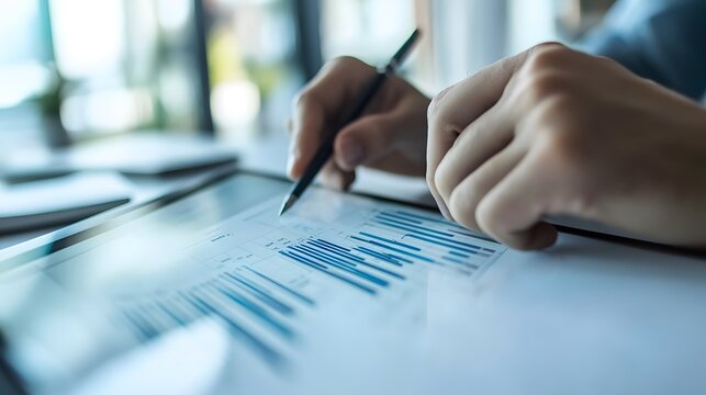 A close-up of a product manager’s hands working on a Gantt chart on a tablet, with project timelines and milestone markers clearly visible, in a minimalist workspace
