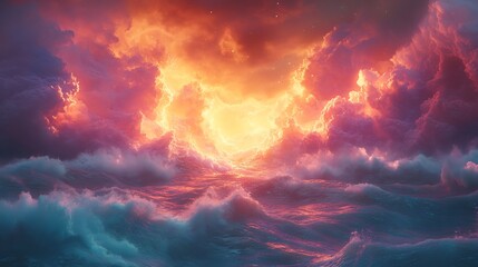 Luminous Ocean of Nebulae ocean where wave made of nebula glowing vibrant electric hue of hot pink cyan metallic gold sky above mirror water floating island of luminescent gas cloud creating surreal