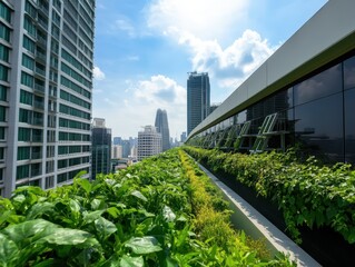 Fototapeta premium Modern Urban Rooftop Garden with Lush Greenery and City Skyline on a Sunny Day