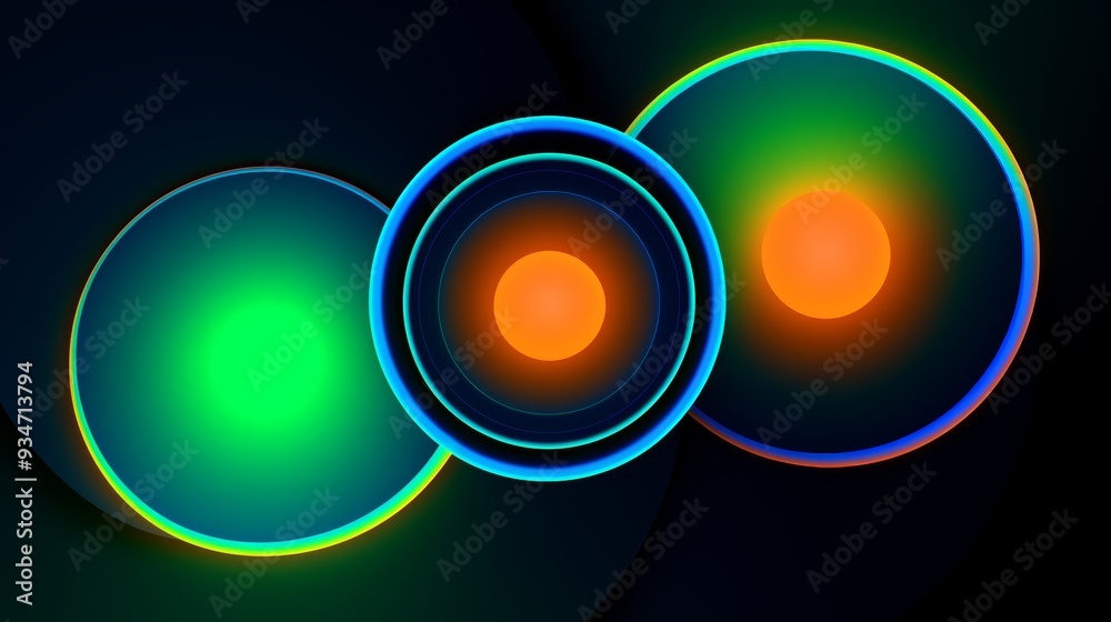 Wall mural Three vibrant orbs with glowing outlines contrast against a dark background, showcasing various colors and radiating a futuristic feel