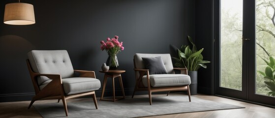 Contemporary living room featuring a sleek armchair, cushions, and bold floral decor. A chic and stylish space highlighting minimalist design with natural light.