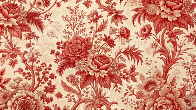 Fototapeta Vintage French Floral Toile Red pattern with intricate floral motifs and scenic designs, French, vintage, floral, toile