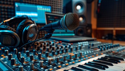 A Closeup of a Microphone and Audio Mixer in a Recording Studio