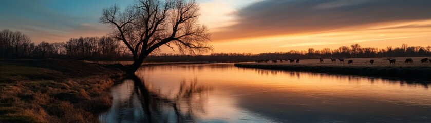 Serene Sunset Over Calm River with Silhouetted Tree and Grazing Cattle in the Distance