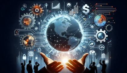 Abstract depiction of global economy symbols interconnected by policy gears, concept of international economic strategy