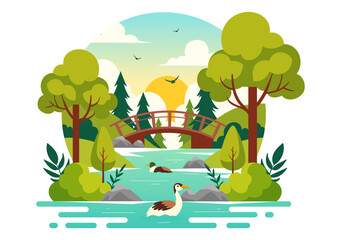 Vector Illustration of a River Landscape with Mountain Views, Green Fields, Trees, and Forests Surrounding the Rivers in a Flat Cartoon Background