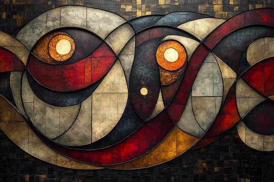 Neovictorian Steampunk Abstract mural blending elegance of Victorian design grit of steampunk using color palette of vintage brown deep burgundy gold modern metallic accent of silver copper abstract