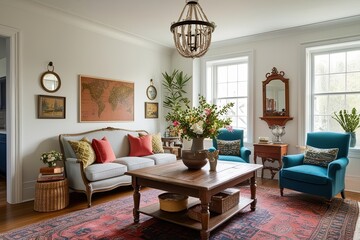 Bright and Cozy Living Room Featuring Vintage Wooden Table and Welcoming Decor