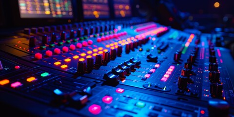 Close-up of a Sound Mixing Board with Illuminated Buttons