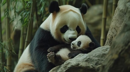 Obraz premium Tender Moment Between Mother and Baby Panda in a Tranquil Bamboo Forest. The Mother Panda Gently Embraces Her Peaceful Baby