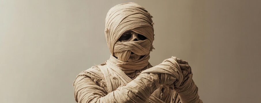 Mummy wrapped in bandages with dark background, perfect for Halloween or horror-themed projects and decorations. - Powered by Adobe
