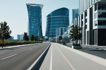 Fototapeta premium Intimate Focus on a Clean Thoroughfare Beside Futuristic City Office Buildings