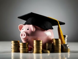 Piggy bank with coins and black graduation cap as a symbol of education loan