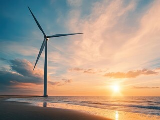 Obraz premium Wind Turbine on a Beach at Sunset with Dramatic Sky and Ocean Waves