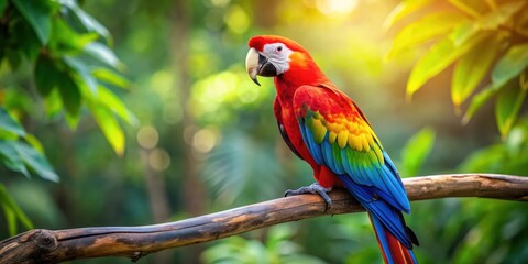 Obraz premium Colorful macaw parrot perched on a tree branch, tropical, vibrant, feathers, exotic, wildlife, bird, nature, beautiful