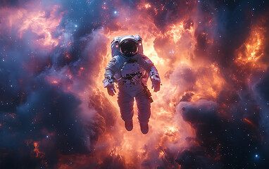 Astronaut in Space: Backlit by Dramatic Cosmic Nebula