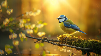 Obraz premium Natural background and a small blue bird perched on a branch with a small moss tree, covered in the forest by water against the yellow light of the background of the spring morning sun