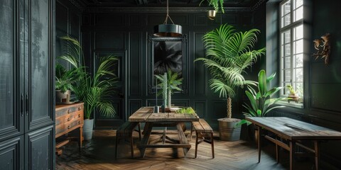 Fototapeta premium Interior of tropical apartment with abundant greenery dark walls adorned with molding and a wooden table and bench