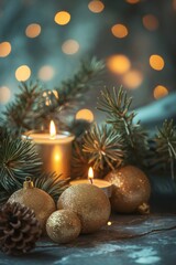 Christmas candles gold balls and pine branches