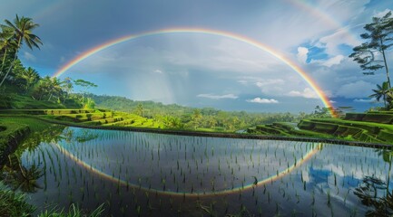 Naklejka premium Rainbow Reflected in Rice Paddy Water