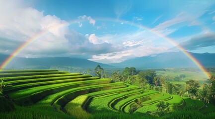 Obraz premium Lush Green Rice Terraces with a Rainbow Over Mountains