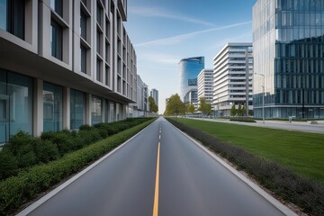 In-depth Analysis of a Clear Unoccupied Road Next to Modern Office Architecture in Urban Landscape