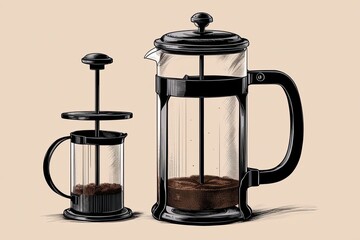 French Press Hand-Drawn Illustration Featuring Plungers and Filters