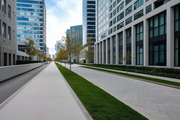 Pristine Abandoned Street Next to Modern City Office Complexes and Tall Skyscrapers