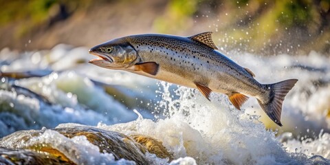 Atlantic salmon jumping out of water on wild river, attempting to go upstream for spawn, salmon, fish, river, wildlife, nature