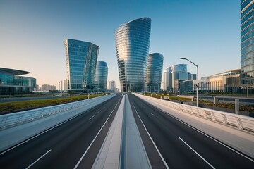 Fototapeta premium Detailed Overview of a Pristine Boulevard Next to Modern City Office Towers