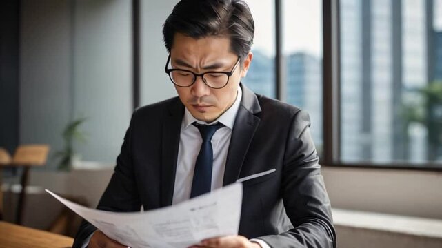 真剣な表情で書類を読みデータを確認する日本のビジネスマンのポートレート