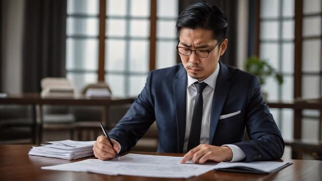 真剣な表情で書類を読みデータをチェックする日本のビジネスマンの作業風景