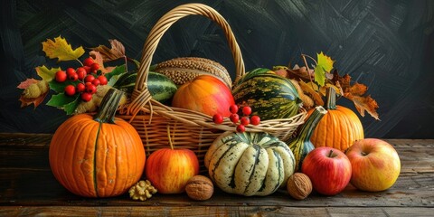Close up still life of Thanksgiving Day with pumpkin harvest in a wicker basket featuring a variety of autumn fruits and vegetables such as squash apples and nuts on a wooden table Fall desi