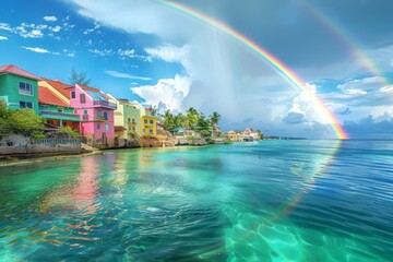 Colorful Houses on a Tropical Island with a Rainbow Over the Ocean