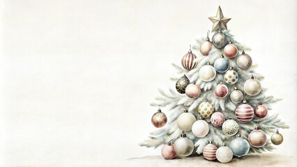 Obraz premium Christmas watercolor card with holiday decor.Vintage Christmas greeting flyer for printing.Spruce branches with toys,snowflakes,reindeer,gifts and balloons.