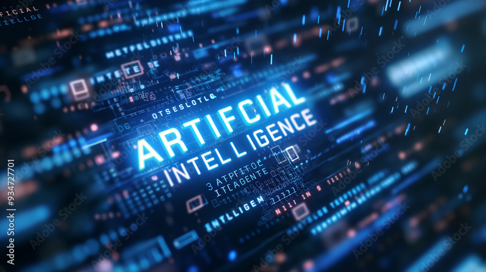 Poster word artificial intelligence augmented reality hologram display with binary codes in background, fut