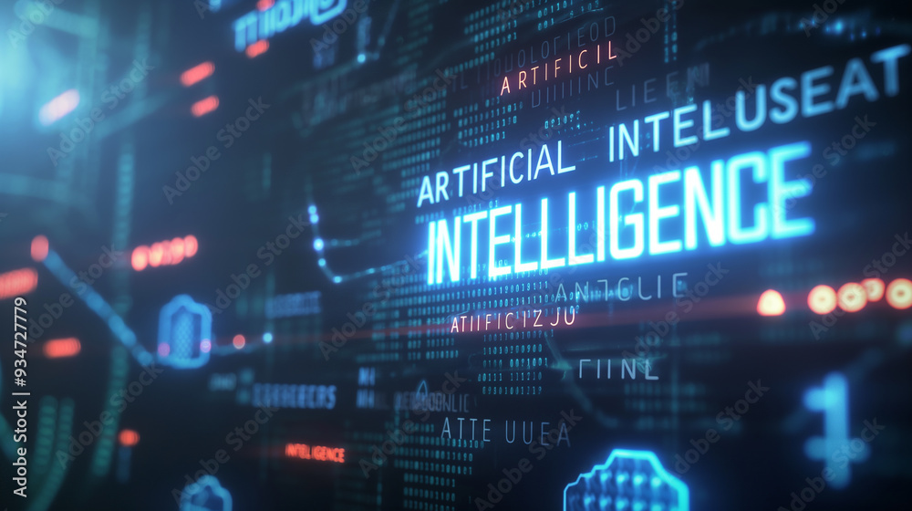 Poster word artificial intelligence augmented reality hologram display with binary codes in background, fut