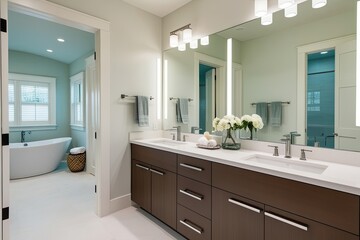 Elegant Luxury Bathroom Design Featuring Contemporary Vanity and Dual Sinks in Serene Bright Atmosphere