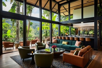 Fototapeta premium Stylish Designer Lounge with Open Interiors and Stunning Rainforest Views