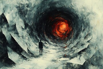 Fototapeta premium Endless Spiral of Anxiety An abstract representation of a person caught in an endless spiral that twists and turns in dark muted colors The spiral is filled with abstract symbols of anxiety