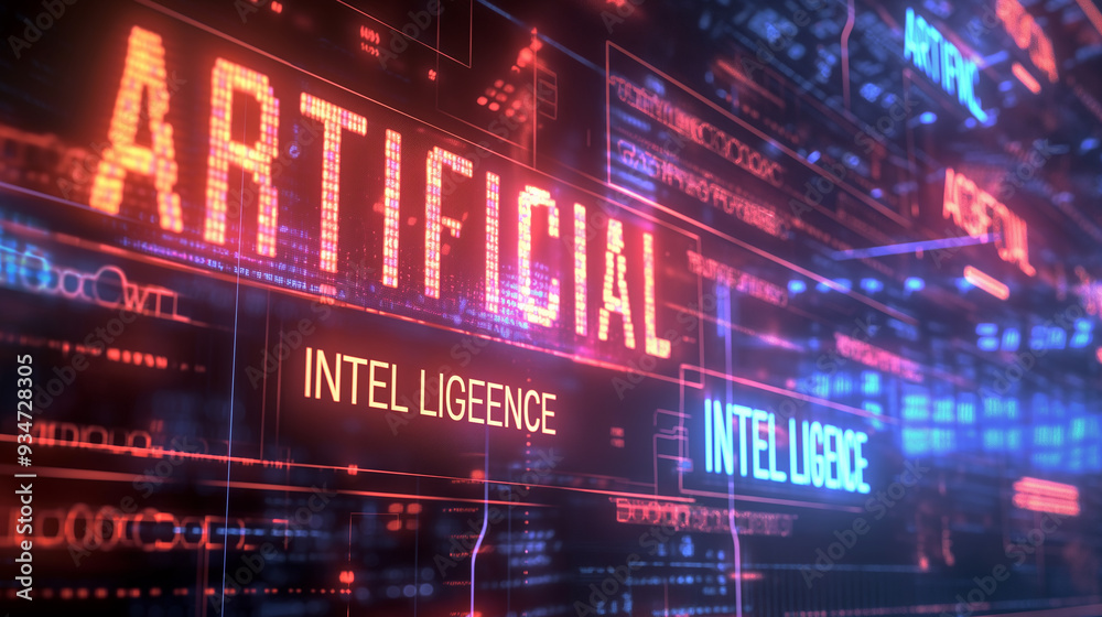 Poster word artificial intelligence augmented reality hologram display with binary codes in background, fut
