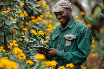 Gardener Smiling While Using Tablet Surrounded by Bright Yellow Flowers in Greenhouse Setting