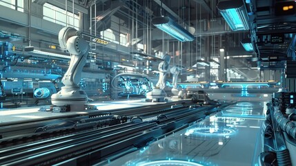 A futuristic portrayal of a clean energy factory with advanced robotics and automated systems enhancing efficiency.