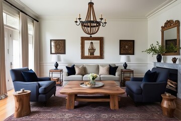 Fototapeta premium Sophisticated Living Room Design Featuring Elegant Frame Handcrafted Wooden Table and Bright White Backdrop
