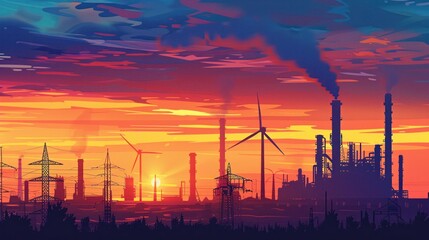 A panoramic sunset view behind a clean energy factory