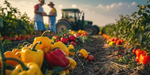 Harvesting of Yellow and Red Bell Peppers by Farm Laborers Workers Gathering Peppers Alongside a Tractor in the Fields Seasonal Vegetable Collection in the Countryside