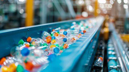 Plastic bottles on recycling conveyor