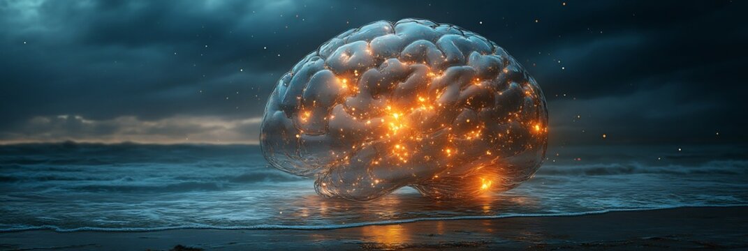 Fragility of Mind conceptual image of delicate glass brain cracked fragile floating dark void cracks filled glowing light symbolizing fragility of mental health the potential for healing and recovery